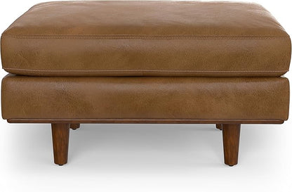 SIMPLIHOME Morrison 33 inch Wide Ottoman in Caramel Brown Genuine Leather, Multifunctional Footrest, Coffee Table, and Extra Seating for Living Room, Mid-Century Modern Style