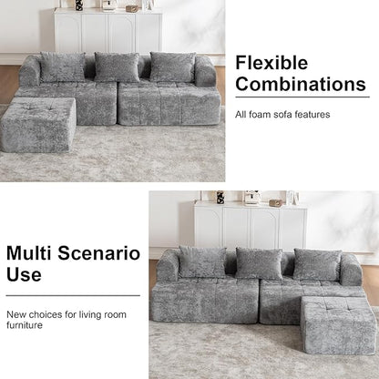 95" Modern Cloud Sectional Sofa Couch, Modular L-Shaped Sofas with Deep Seat and Chaise Ottoman, Chenille Boneless Tufted Couches for Living Room, No Assembly Required, Grey