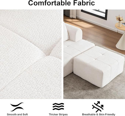 95" Modern Cloud Sectional Sofa Couch, Modular L-Shaped Sofas with Deep Seat and Chaise Ottoman, Chenille Boneless Tufted Couches for Living Room, No Assembly Required, Ivory