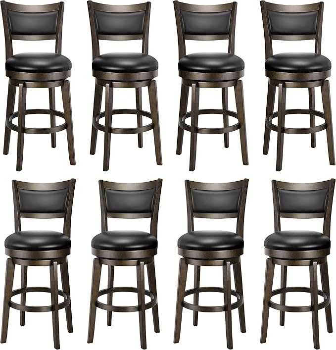 PrimeZone Swivel Bar Stools Set of 8, 24 Inch Counter Height Barstools, Black Faux Leather Bar Stool with High Backrest & Solid Wood Legs & Wrap-around Footrest, Counter Stools for Kitchen Island, Pub