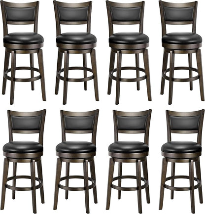 PrimeZone Swivel Bar Stools Set of 8, 24 Inch Counter Height Barstools, Black Faux Leather Bar Stool with High Backrest & Solid Wood Legs & Wrap-around Footrest, Counter Stools for Kitchen Island, Pub