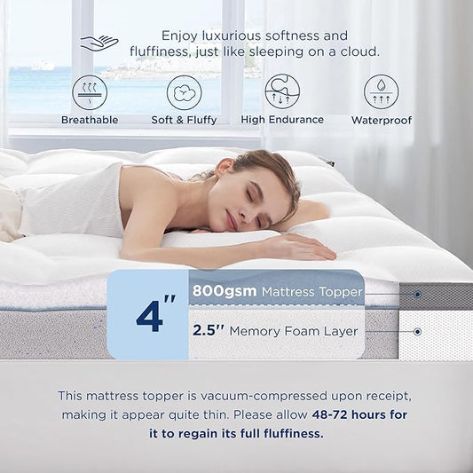 Bedsure 4 Inch Memory Foam Mattress Topper Full Size, Dual Layer 2.5 Inch Gel Memory Foam & 800 GSM Waterproof Pillow Top Cooling Mattress Pad with 8-21 Inch Deep Pocket