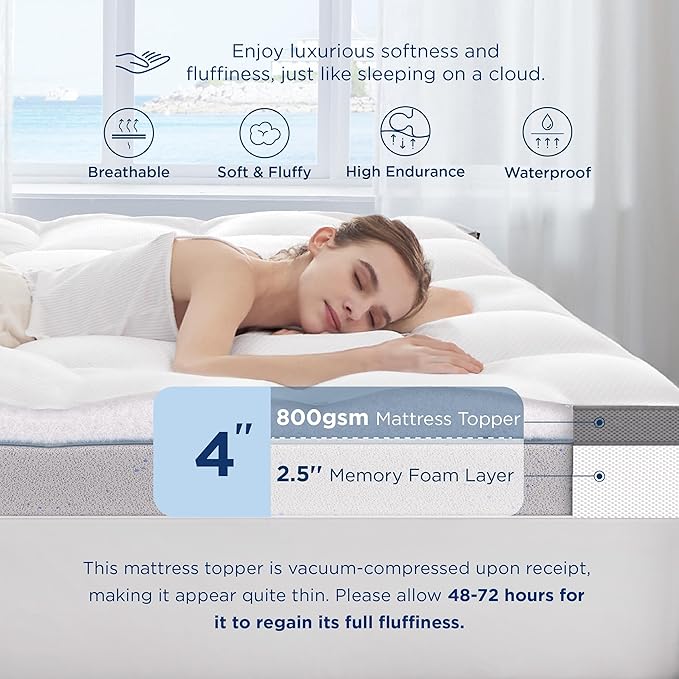 Bedsure 4 Inch King Size Mattress Topper, Dual Layer 2.5 Inch Gel Memory Foam & 800 GSM Waterproof Pillow Top Cooling Memory Foam Mattress Topper with 8-21 Inch Deep Pocket (King, 78x80 Inches)