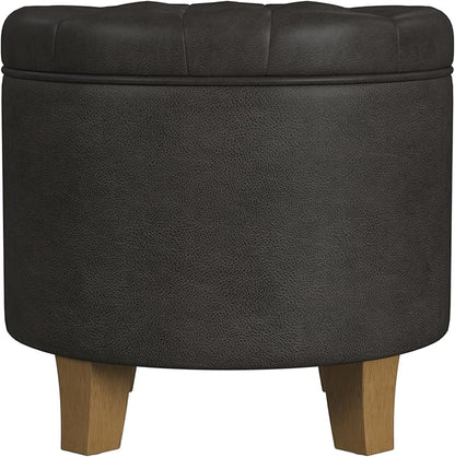 Homepop Home Decor | Upholstered Round Faux Leather Tufted Foot Rest Ottoman | Ottoman with Storage for Living Room & Bedroom | Decorative Home Furniture, Black Faux Leather