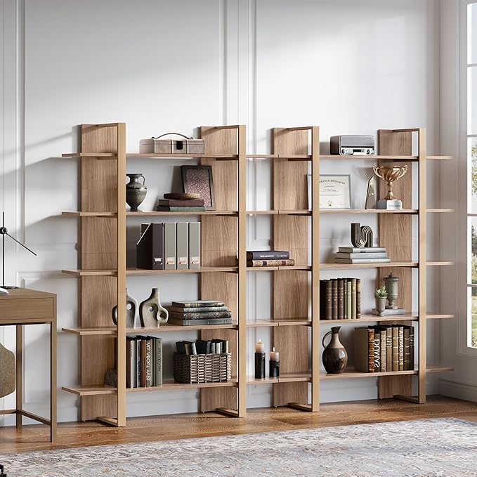 Tribesigns 5-Tier 47 Inches Bookshelf Bookcase, Boho Open Bookshelves Etagere Display Office Shelving Unit, for Living Room, Office & Bedroom, Metal & Wood, Retro Dark Brown