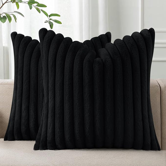 Pallene Faux Fur Plush Throw Pillow Covers 16x16 Set of 2, Luxury Soft Fluffy Striped Decorative Pillow Covers for Sofa, Couch, Living Room, Black