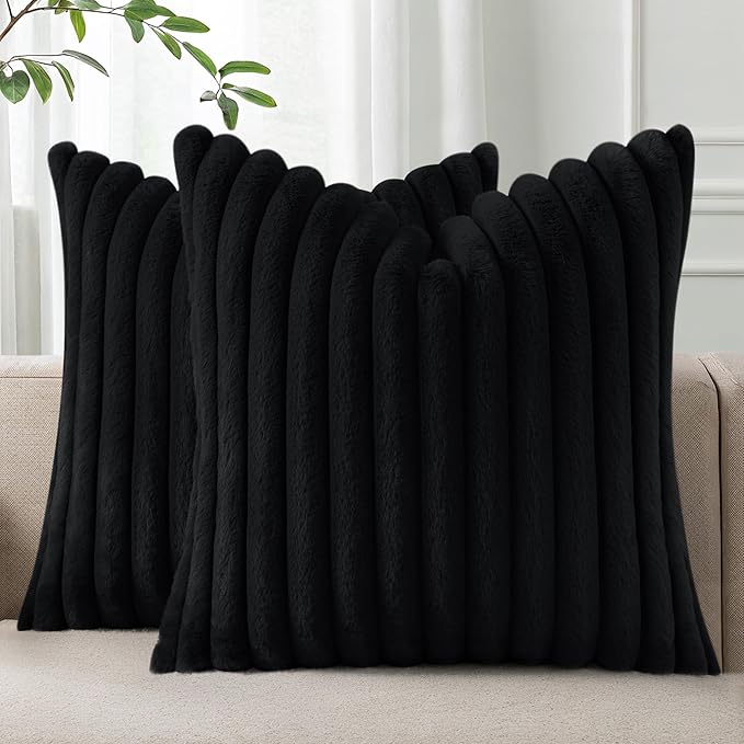 Pallene Faux Fur Plush Throw Pillow Covers 24x24 Set of 2, Luxury Soft Fluffy Striped Decorative Pillow Covers for Sofa, Couch, Living Room, Black