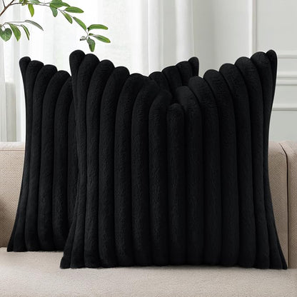 Pallene Faux Fur Plush Throw Pillow Covers 24x24 Set of 2, Luxury Soft Fluffy Striped Decorative Pillow Covers for Sofa, Couch, Living Room, Black