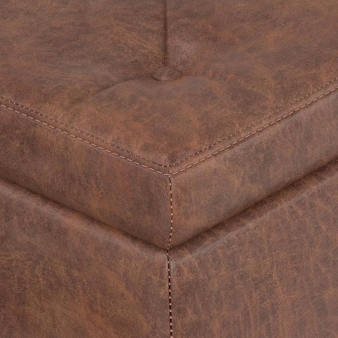 SIMPLIHOME Hamilton 48 inch Wide Transitional Rectangle Storage Ottoman in Distressed Umber Brown Vegan Faux Leather, Assembled, For the Living Room, Entryway and Family Room