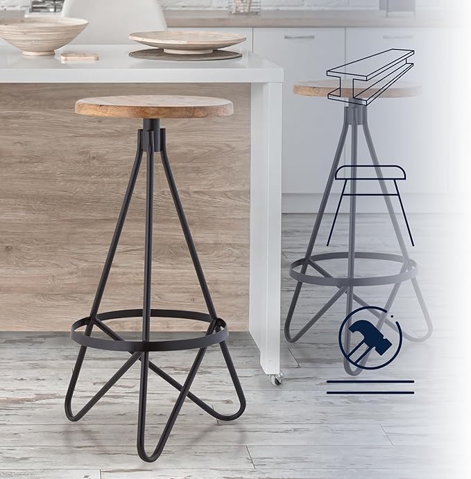 JONATHAN Y BSL1000E Spiroa 30" Modern Industrial Metal/Wood Backless Circular Bar Stool for Home, Kitchen, Dining Room, Workspaces, Cafes and Resturants, Natural Wood Seat with Black Frame
