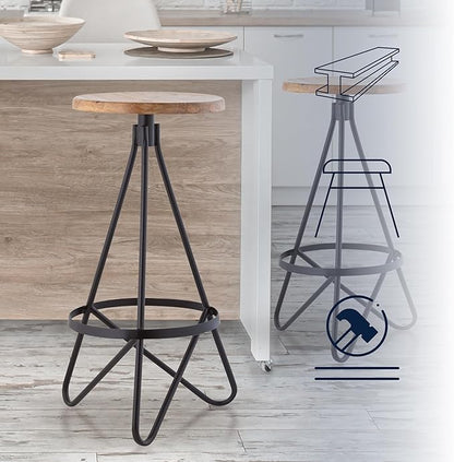 JONATHAN Y BSL1000E Spiroa 30" Modern Industrial Metal/Wood Backless Circular Bar Stool for Home, Kitchen, Dining Room, Workspaces, Cafes and Resturants, Natural Wood Seat with Black Frame