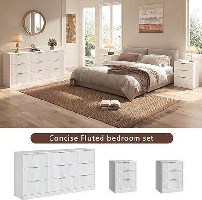 3-Piece Modern Bedroom Furniture Set, Wide 9-Drawer Dresser & 3-Drawer Nightstands Set of 2, Natural Wood Dresser and Nightstand Sets for Bedroom, Hallway, White