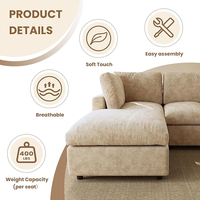 WJShome Sectional Couches for Living Room, 67 Inch Loveseat Sofa with Ottoman, Modern Chenille Fabric & Double Layer Cushions, Modular Couch for Apartment/Bedroom，Khaki