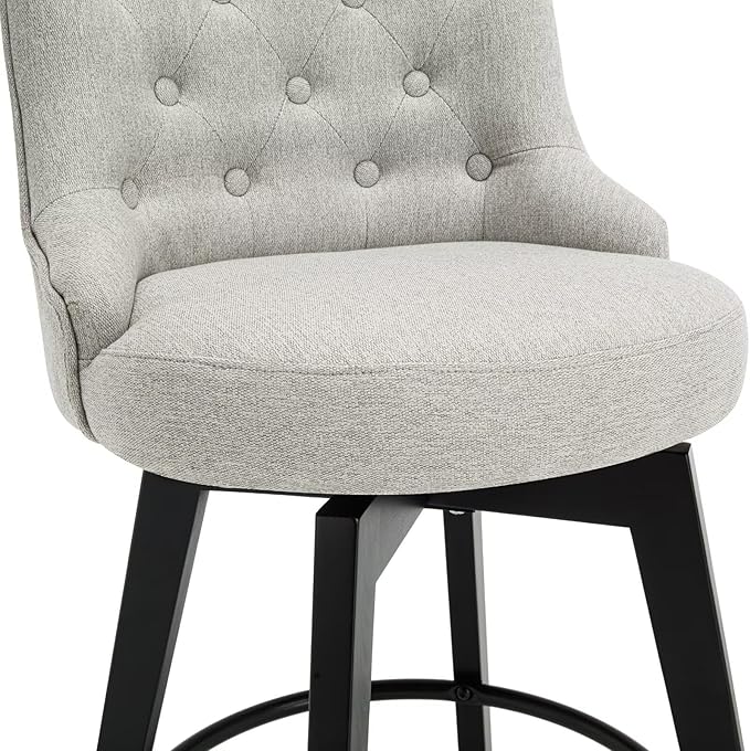 MINCETA Set of 2 Upholstered Bar Stools - 26 Inch Swivel Counter Height Stools with Low Tufted Back, Footrest & Performance Fabric - Round Seat for Kitchen Island & Home Bar Gray and Beige