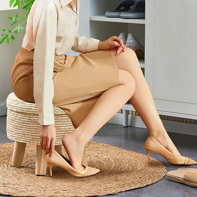 Cpintltr Storage Ottoman Poufs Handwoven Footstool Natural Seagrass Round Footrest Stool with 4 Wood Legs Soft Padded Outdoor Seat for Hallway Lounge Bedroom Garden