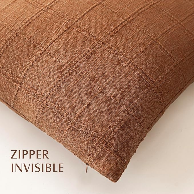 Foindtower Set of 2 Decorative Linen Check Throw Pillow Covers Neutral Farmhouse Lumbar Cushion Covers Modern Boho Home Decor for Sofa Chair Couch Bedroom Living Room,12×20 Inch,Orange