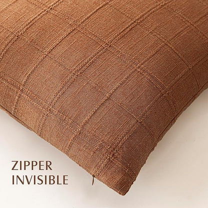 Foindtower Set of 2 Decorative Linen Check Throw Pillow Covers Neutral Farmhouse Lumbar Cushion Covers Modern Boho Home Decor for Sofa Chair Couch Bedroom Living Room,12×24 Inch,Orange