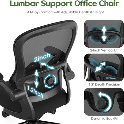 Office Chair Ergonomic Desk Chair - Mesh Comfy Home Desk Office Chairs with Wheels Adjustable Lumbar Support Flip up Armrest Executive Rolling Swivel Teacher Task Computer Chair Black