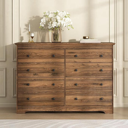 Dresser for Bedroom, 8 Drawer Dresser with Large Drawers, 55 Inch Wide Wood Chest for Living Room, Hallway, Walnut