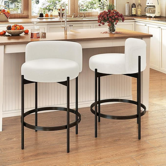 COSTWAY Counter Height Bar Stools Set of 2, 24.5 Inch Boucle Modern Barstools w/Curved Backrest, Metal Frame, Comfy Footrest, Upholstered Island Chairs for Dining Room, Kitchen, Cafe, 400 LBS Max Load