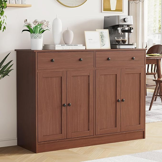 49" Brown Buffet Cabinet with Doors & Drawers, Modern Kitchen Storage Sideboard, Coffee Bar Console for Dining Room, Living Room, Entryway
