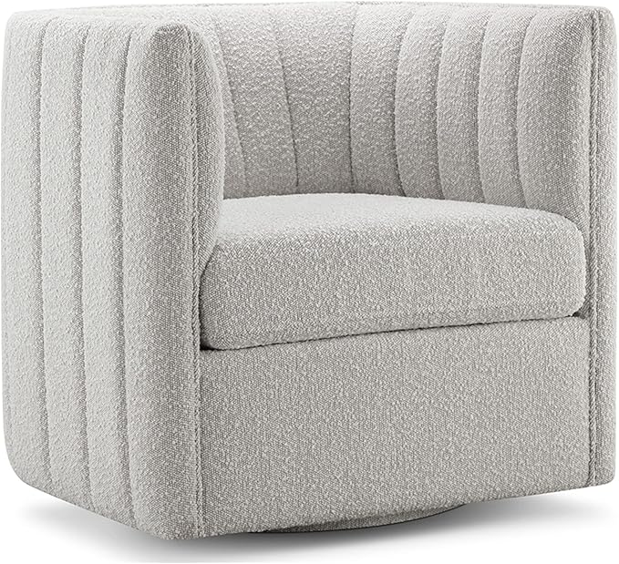 CHERS Rivet Mid-Century Modern Swivel Armchair, Bouclé Fabric Channel-Tufted Accent Chair, 360-Degree Rotating Lounge Chair with Ergonomic Design for Living Room, Bedroom, Home Theater, Light Gray