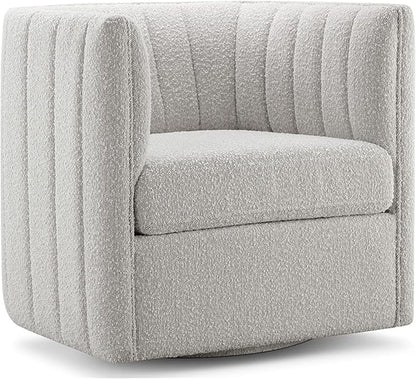 CHERS Rivet Mid-Century Modern Swivel Armchair, Bouclé Fabric Channel-Tufted Accent Chair, 360-Degree Rotating Lounge Chair with Ergonomic Design for Living Room, Bedroom, Home Theater, Light Gray