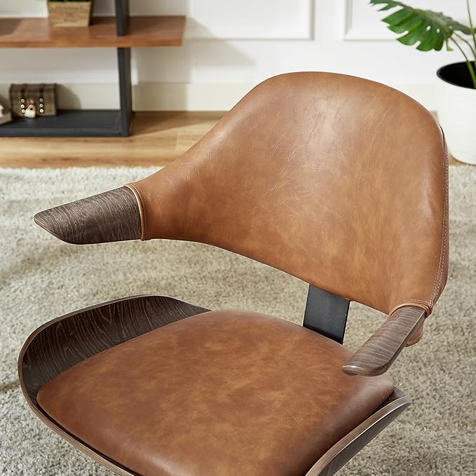 Art Leon Mid Century Desk Chair - Faux Leather Upholstered Swivel Desk Chair, Office Chair with Wheels, Adjustable Height Task Chair with Metal Base, Dark Gray Oak Bentwood, Brown
