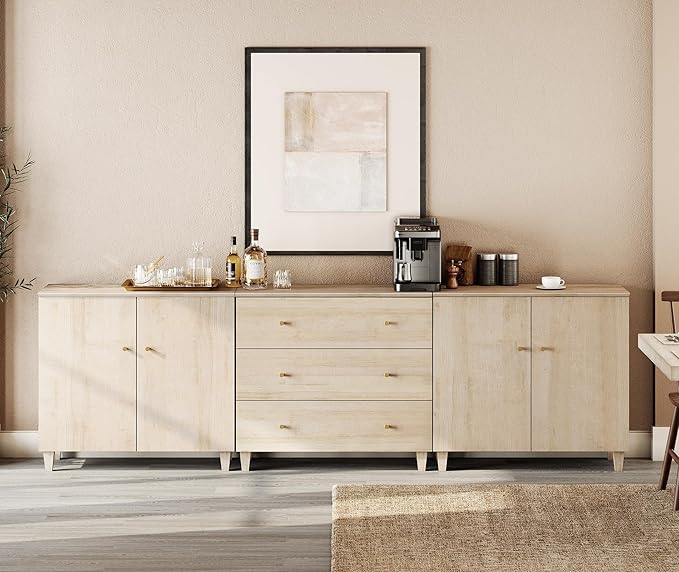 WAMPAT Sideboards Buffet Cabinet, 3-in-1 Wood Wide Credenza Storage Cabinet with Doors and Drawers, Modern Kitchen Coffee Bar Table with Storage for Living Room Dining Room, Natural Oak