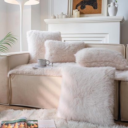 Neelvin Beige Faux Fur Cozy Fluffy Double-Sided Decorative Throw Pillow Covers 22x22 inch Set of 2,Velvet Pillowcase Cushion Case for Sofa Couch