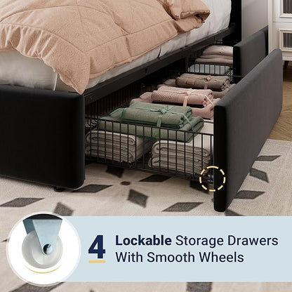 Allewie Full Size Storage Bed Frame, Vertical Channel Tufted Adjustable Headboard, Velvet Upholstered Platform Bed with 4 Oversized Underbed Drawers, Wooden Slats Support, No Box Spring Needed, Black