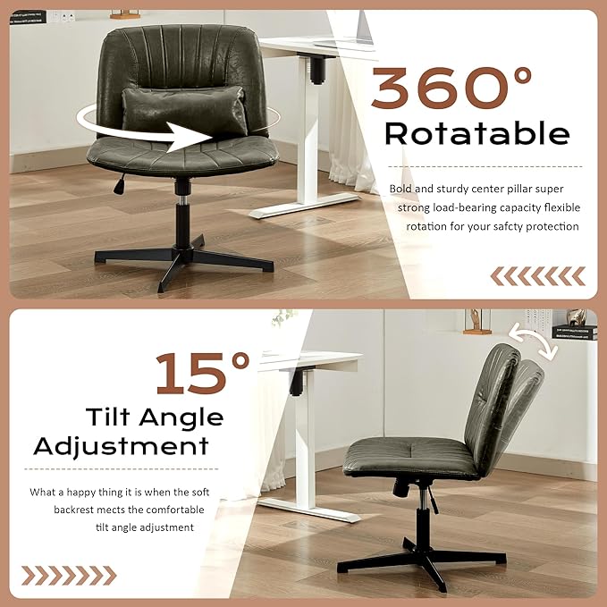 URRED Criss Cross Office Chair, Armless Cross-Legged Desk Chair with Fixed Legs, Height Adjustable Wide Seat Task Vanity Chair for Home Office or Bedroom (Green)