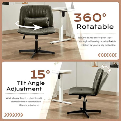 URRED Criss Cross Office Chair, Armless Cross-Legged Desk Chair with Fixed Legs, Height Adjustable Wide Seat Task Vanity Chair for Home Office or Bedroom (Green)