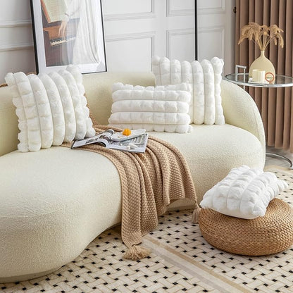 Neelvin Cream White Faux Fur Cozy Soft Plaid Decorative Throw Pillow Covers 26x26 inch Set of 2,Velvet Pillowcase Cushion Case for Sofa Couch