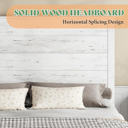 AMERLIFE Full Size 51.2" Wood Bed Frame, Rustic Platform Bed with Spliced Headboard, Wood Slats Support/No Box Spring Needed/Noiseless/Antique White