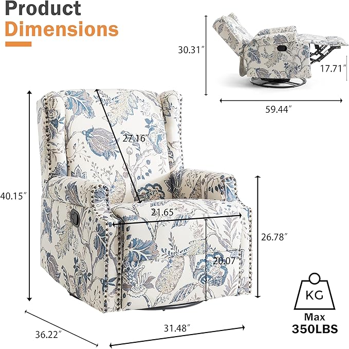 Premium 360° Swivel Recliner Chair with Footrest - Luxurious Cotton Linen & Botanical Design-Bule Plant