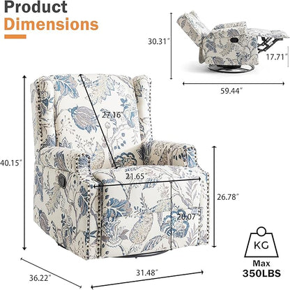 Swivel Glider Recliner Chairs Set of 2, High Back Rocker Reclining Accent Chair with Smooth Manual Mechanism for Nursery, Comfortable & Quiet Upholstered Armchair Seating-Bule Plant