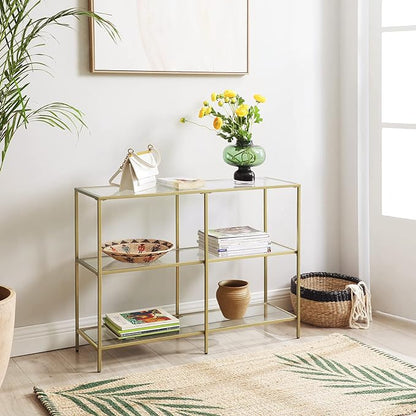 VASAGLE 39.4 Inch Console Table with 3 Shelves, Sofa Tables, Modern Entryway Table, Metal Frame, Tempered Glass Shelf, Entryway Living Room Bedroom, Metallic Gold and Transparent ULGT27G