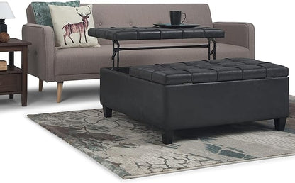 SIMPLIHOME Harrison Coffee Table Storage Ottoman - 36 inch Wide Upholstered Vegan Leather Square Lift-Top Ottoman in Distressed Black, Transitional Ottoman for Living Room with Hidden Storage