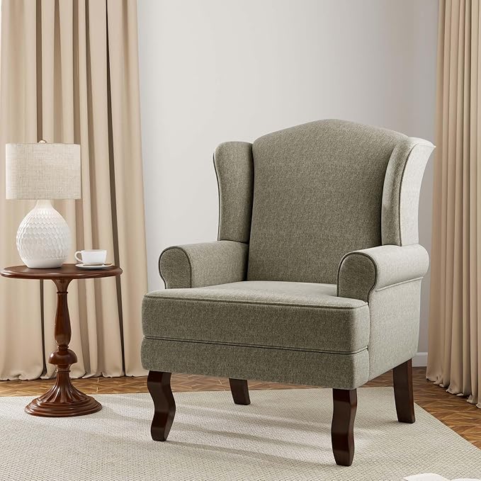 Accent Chair, High Back Upholstered Armchair with High Resilience Sponge & Wood Legs, Mid-Century Modern Comfy Single Sofa Reading Chairs for Living Room, Bedroom (Light Camel, Set of 1)