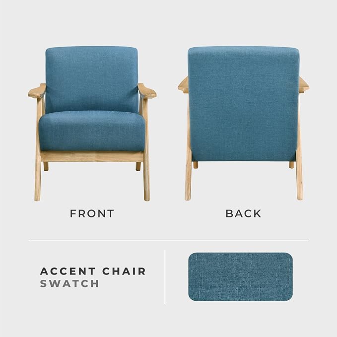 Lexicon Mid Century Modern Accent Chair with Solid Wood Frame in Natural Finish, Textured Fabric Living Room Lounge Arm Chair, Thick and Comfy Innerspring Seat Cushion, Linen-Look Fabric, Blue