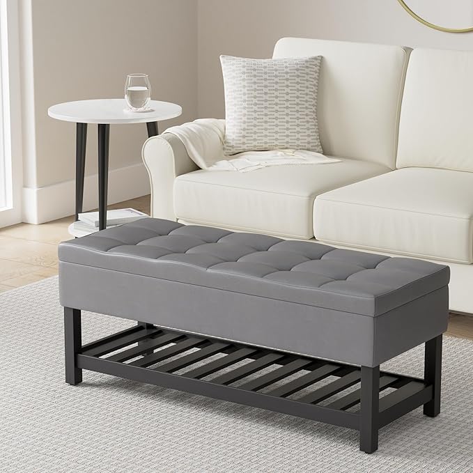 SIMPLIHOME Cosmopolitan 44 inch Wide Transitional Rectangle Storage Ottoman Bench with Open Bottom in Stone Grey Vegan Faux Leather, Assembled for the Living Room and Bedroom