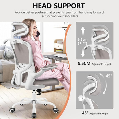 FelixKing Office Chair with Headrest, Ergonomic Desk Chair with Wheels, Task Swivel Comfy Chair with Adjustable Lumbar Support, Breathable Mesh Computer Chair with flip-up Armrests for Home (Gray)