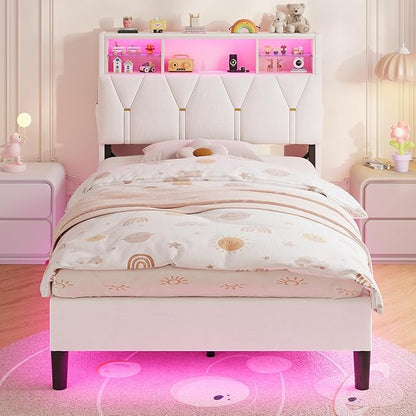 Twin Bed Frames with Storage Headboard, Power Outlet, Velvet Upholstered Platform Bed for Kids, LED Bed Frame Twin with 5 Storage Shelves, No Box Spring Needed, Creamy White