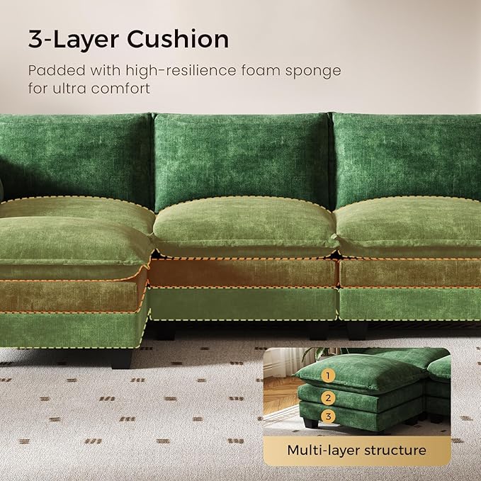 KKL 91.3" Large Modular Sectional Sofa Bed, 6 Seater Convertible U/J/L-Shaped Sleeper Cloud Couch with Ottoman, Chenille Sectional Couches for Living Room, Apartment, Green