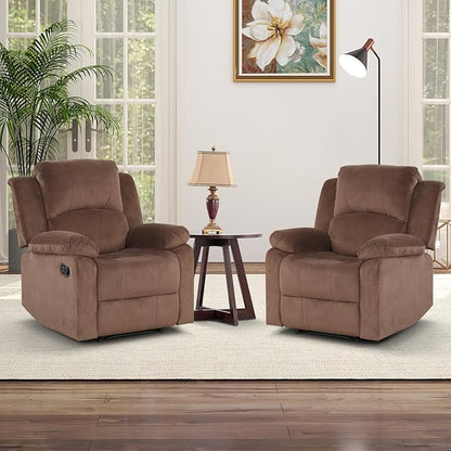 CANMOV Manual Recliner Chair Set of 2, Soft Fabric Overstuffed Recliner Single Sofa Chair for Living Room Bedroom, Heavy Duty and Safety Reclining Mechanism, Light Brown