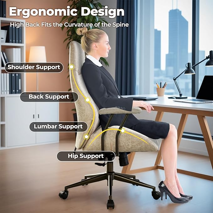 ovios Home Office Ergonomic Chair, Mid-Century Modern Luxury Faux Suede Leather Chairs, Comfy High Back Computer Swivel Rolling Task Armchair for Executive, Beige