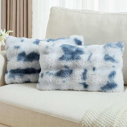 FUTEI Blue White Decorative Throw Pillow Covers 12x20 Inch Set of 2,Soft Fuzzy Faux Rabbit Fur Pillow Case with Raised Texture,Neutral Boho Home Decor for Couch Bed Living Room