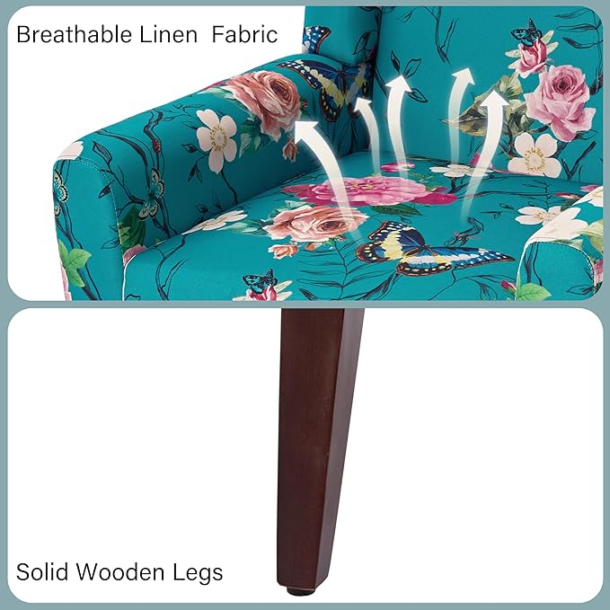 Accent Chair, Modern Linen Blend Arm Chair for Living Room, Bedroom, Comfy High-Resilient Sponge Reading Chair for Small Spaces (Pattern Floral Blue, Set of 1)