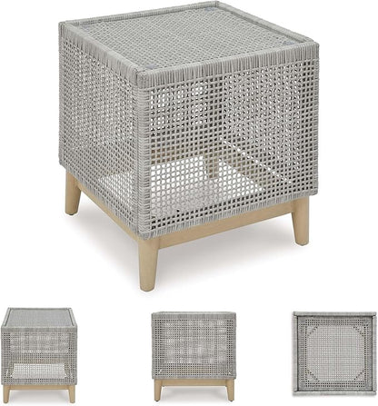 Signature Design by Ashley Seton Creek Contemporary Chic Outdoor All-Weather Resin Wicker End Table with Tempered Glass Tabletop, Gray & Light Brown
